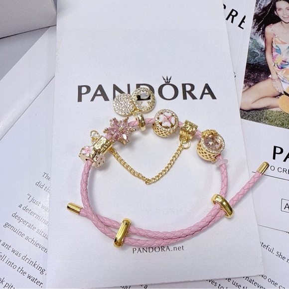 Pandora Pink Leather Bracelet with Gold Charms - Picture 2 of 6